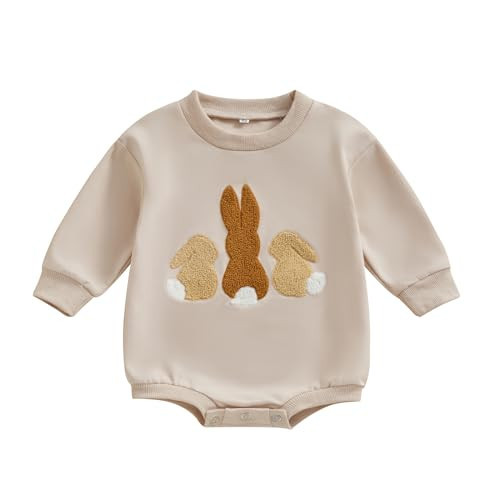 Lesimsam Newborn Baby Boy Girl Easter Outfit Bunny Embroidery Sweatshirt Romper Oversized Long Sleeve Bubble Romper Bodysuit (A-Apricot, 0-3 Months) | Amazon (US)