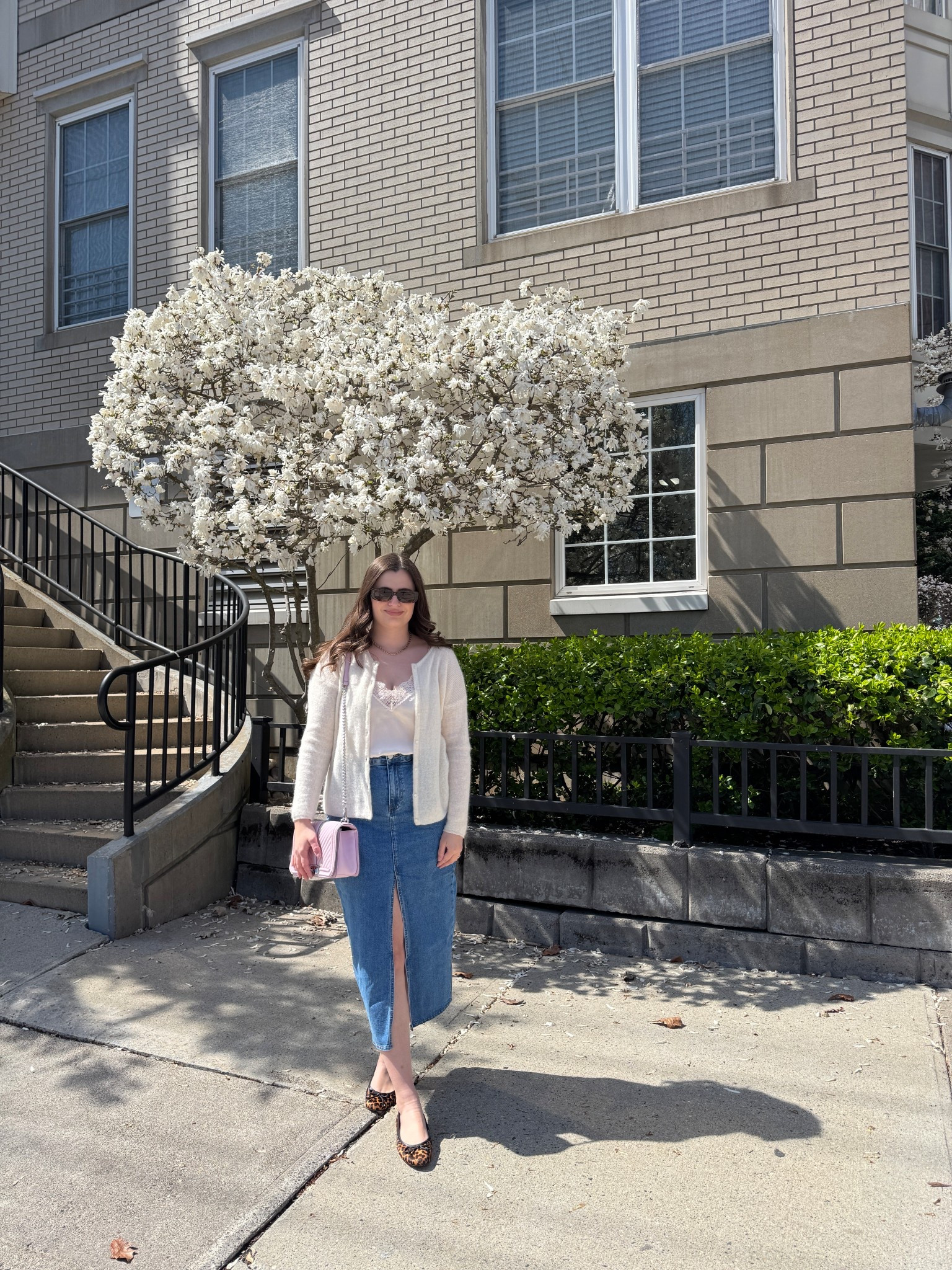 A fresh and feminine look featuring a lace camisole paired with a cream cardigan a midi denim skirt, perfect for a sunny spring day. The delicate layering and soft color palette make this outfit effortless yet chic, complemented by leopard ballet flats.

#LTKFindsUnder100 #LTKStyleTip #LTKSeasonal