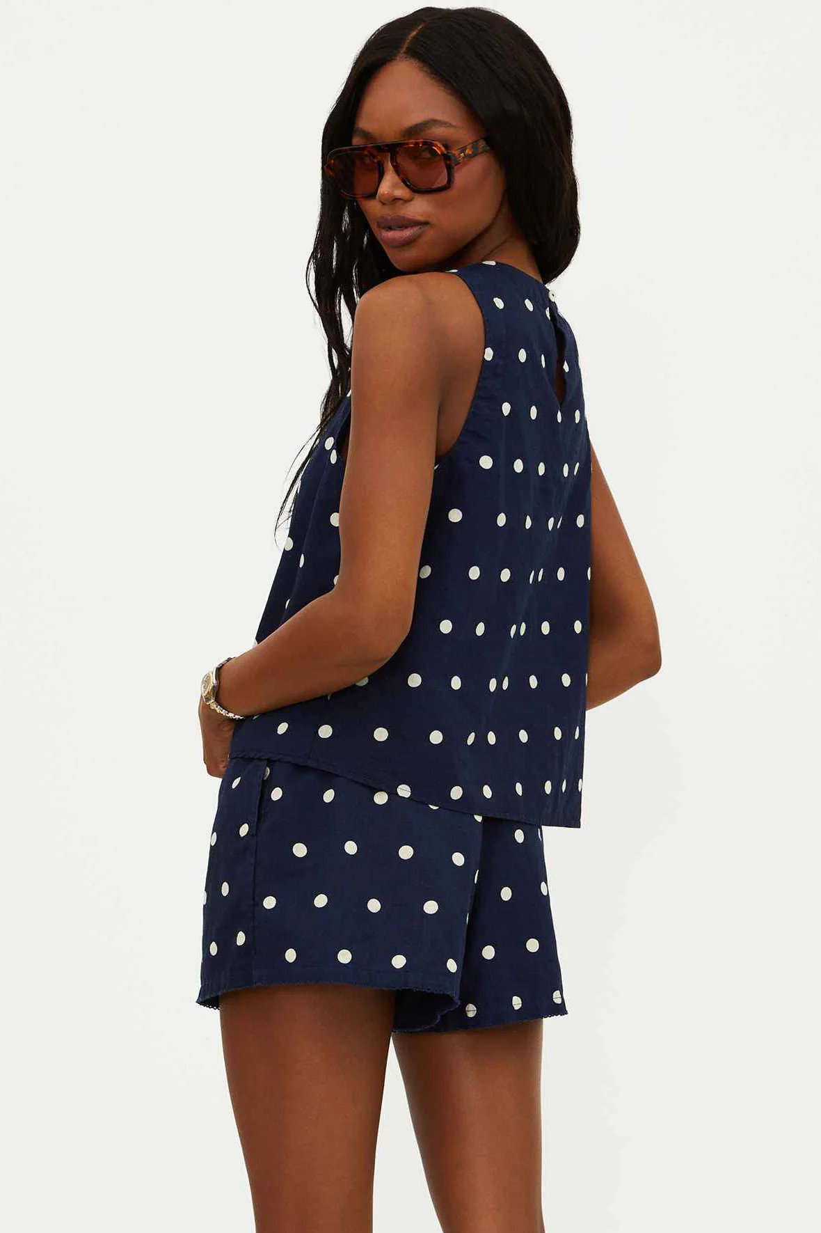 Dollie Sleeveless Top Navy Polka Dot Linen | Linen Top | Beach Riot | Beach Riot