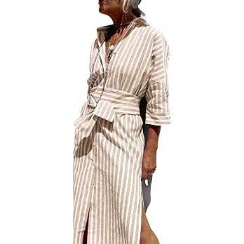 Amazon.com: utcoco Womens 2026 Shirt Dress Casual Lapel 3/4 Sleeve Button Down Split Belted Vacat... | Amazon (US)