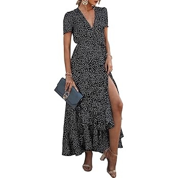 PRETTYGARDEN Women's Boho Floral Maxi Dress Summer Short Sleeve Wrap V Neck Long Flowy Beach Vaca... | Amazon (US)
