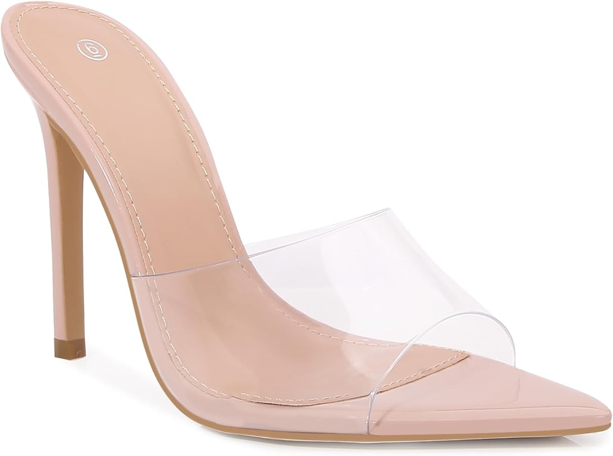Women Clear Pointed Toe Sandals Stiletto Heels Transparent Strap High Heels Slip on Mules for Wom... | Amazon (US)