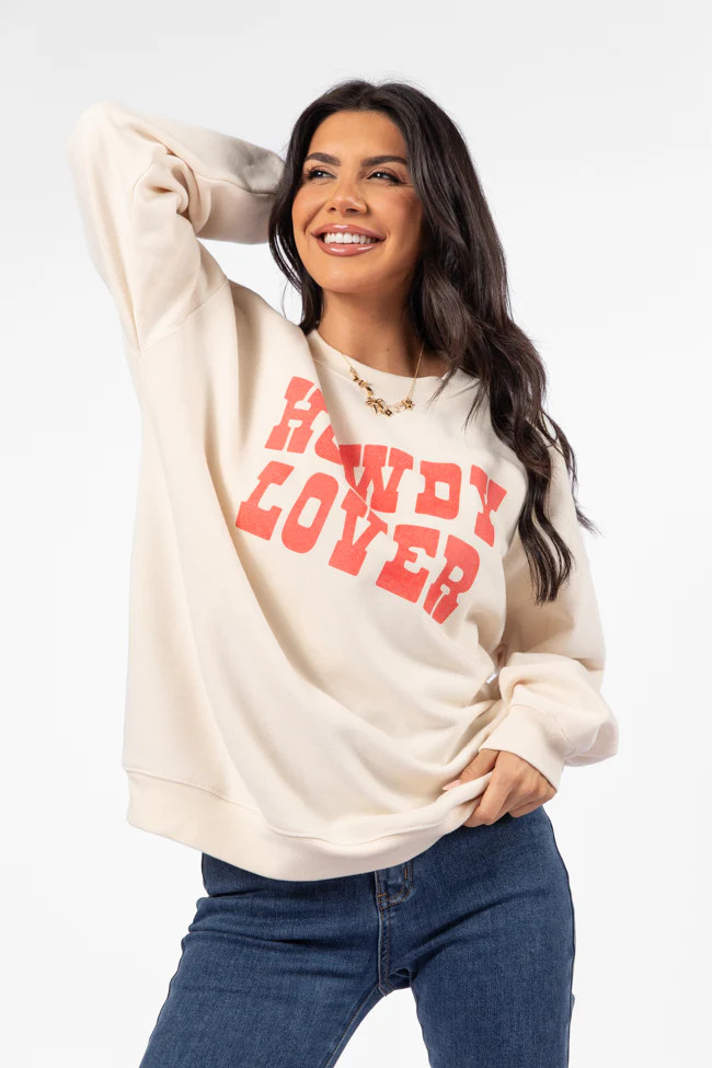 Howdy Lover Cream Oversized Graphic Sweatshirt | Pink Lily