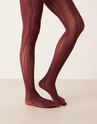 ASOS DESIGN pointelle patterned tights in burgundy | ASOS (Global)