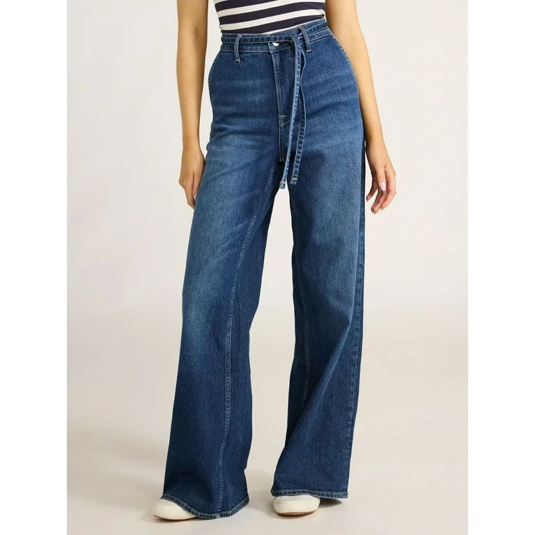 Free Assembly Women Mid Rise Belted Wide Leg Trouser Jean - Walmart.com | Walmart (US)