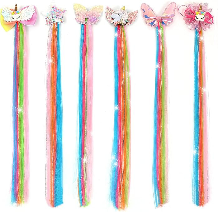 6 Pcs Unicorn Hair Bows Hair Clips For Girls Rainbow Hair Extensions For Kids Toddler Kids Ponyta... | Amazon (US)