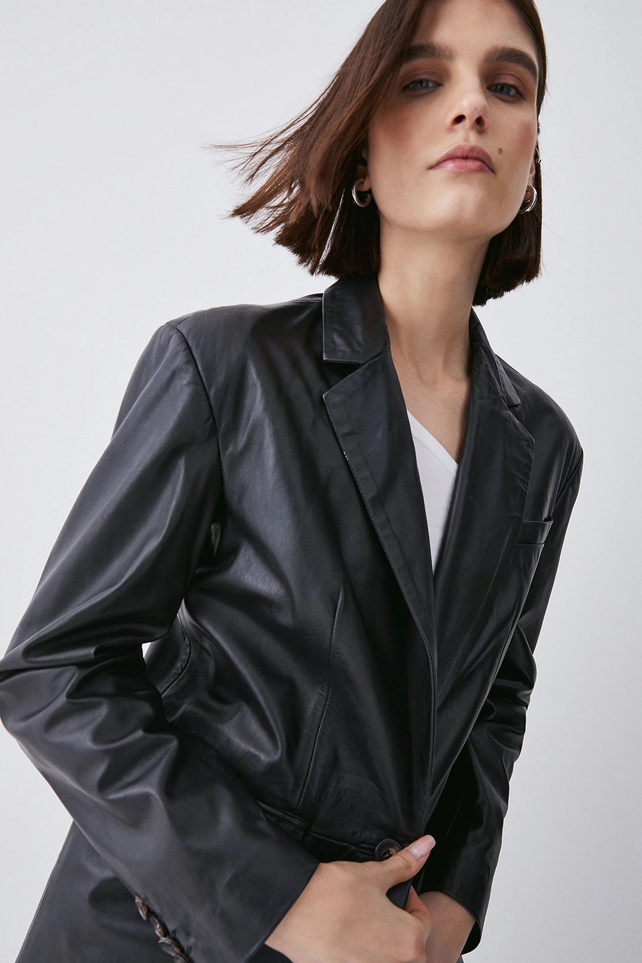 Leather Longline Relaxed Blazer | Karen Millen UK & IE