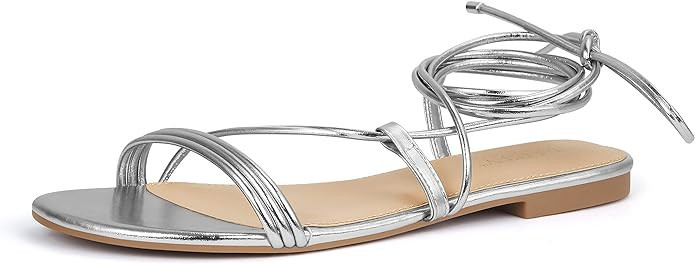 PARTY Women's Strappy Sandals Lace Up Flats Tie Up Open Toe Ankle Strap Shoes | Amazon (US)