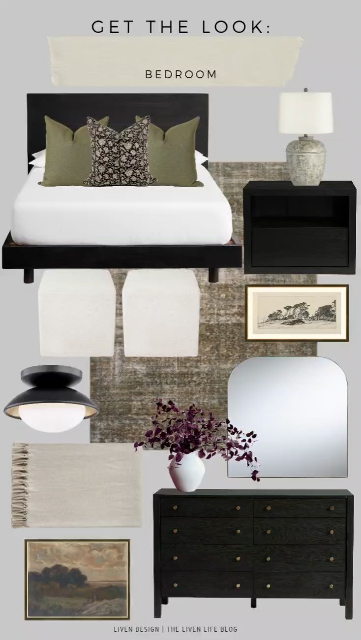 Moody and elegant bedroom. Black bed. Black dresser. Modern traditional. Nightstand. Block print throw pillows. Affordable decor. Flush mount. Ceramic earthy lamp. Throw blanket. Ottoman cube. Tree sketch artwork. Landscape artwork. Distressed aged antique rug. Loloi rug 

#LTKSeasonal #LTKHome #LTKSaleAlert