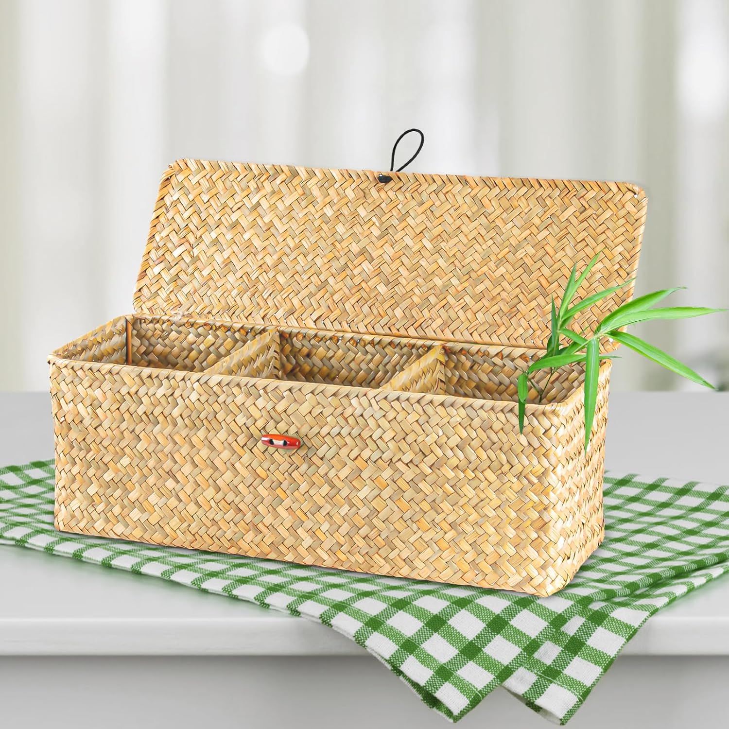 TaoTazon Woven Basket for Toilet With Lid, Seagrass Tank Woven Basket Organizer with 3 Sections, ... | Amazon (US)