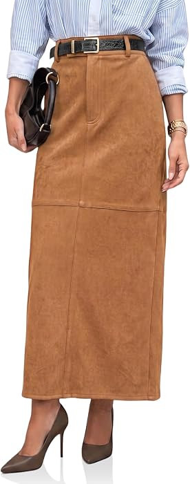 Cicy Bell Womens Suede Maxi Skirt High Waisted Slit Patchwork Pencil Skirts | Amazon (US)
