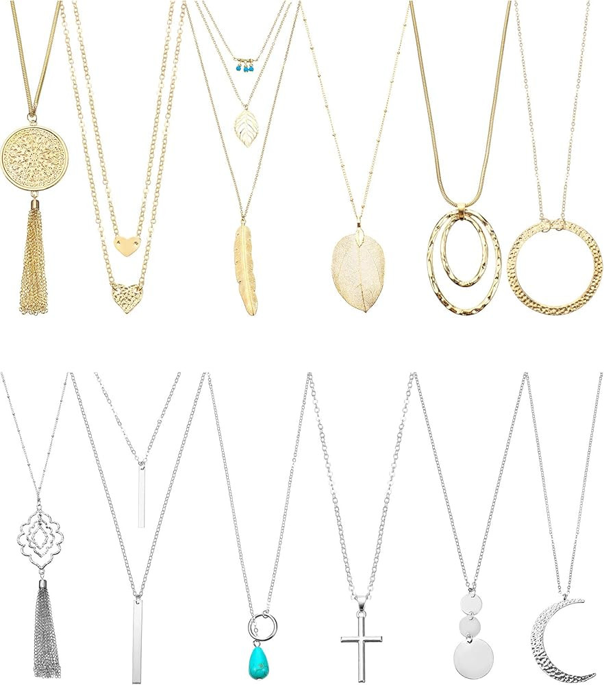 Hicarer 12 Pieces Long Pendant Necklace Set Y Tassel Leaf Circle Bar Necklace for Women | Amazon (US)