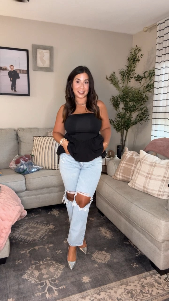 I LOVE this outfit SO MUCH! I can’t recommend sizing up for a better, more confident fit! Idk if it’s the fall style or the sizing up that’s making me love my outfits lately, but I’m loving it. A black peplum that holds “the girls” in, AE distressed petite friendly jeans, and silver kitten heels from Amazon. American Eagle jeans will be on sale for the LTK Fall Sale. A great date night outfit or dancing with the girls. Size small in the top.

#LTKSaleAlert #LTKFallSale #LTKMidsize