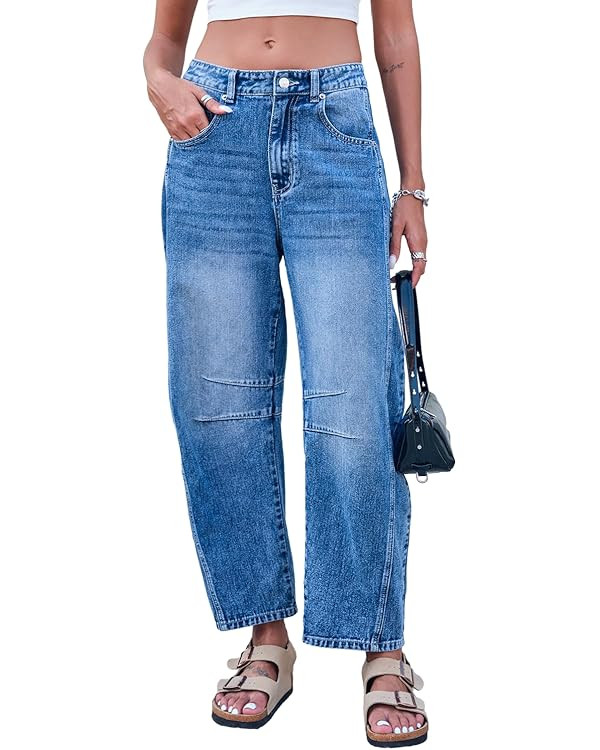 Mid Rise Barrel Jeans for Women Wide Leg Mid Waist Cropped Denim Pants Y2k Baggy Boyfriend Jeans ... | Amazon (US)
