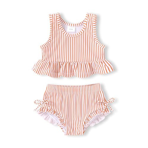 HAPPYMA Baby Swimsuit Toddler Girl Bathing Suit Summer Stripe Bikini Set Beach Two Piece Swim Wear (Orange, 4-5T) | Amazon (US)