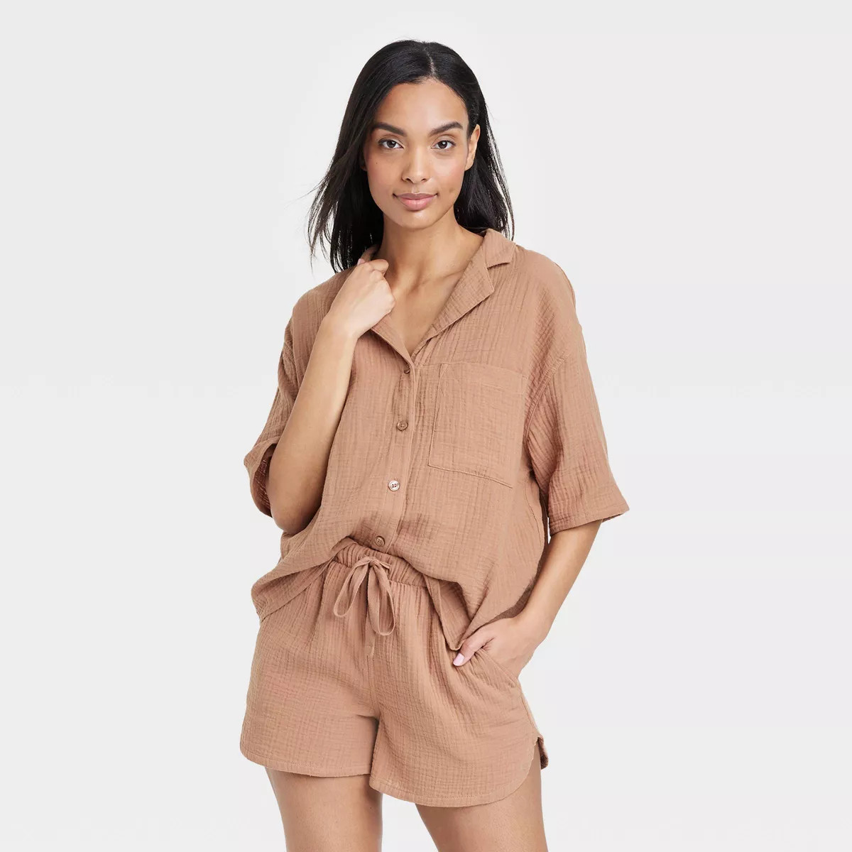 Women's 100% Cotton Gauze Short Sleeve Notch Collar Top - Stars Above™ | Target