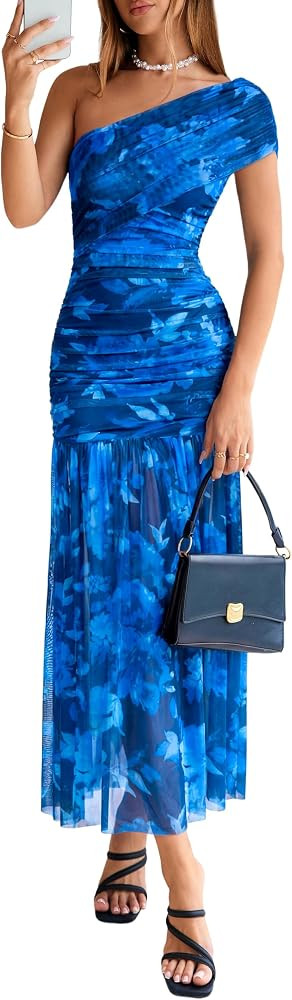 Simplee Womens One Shoulder Floral Maxi Dress Summer Sleeveless Ruched Elegant Bodycon Mesh Weddi... | Amazon (US)