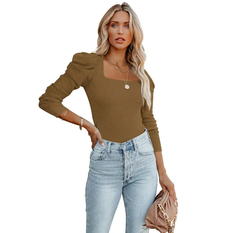 REORIA Womens Puff Long Sleeve Bodysuit Ribbed Square Neck Slimming Thong Tops - Walmart.com | Walmart (US)