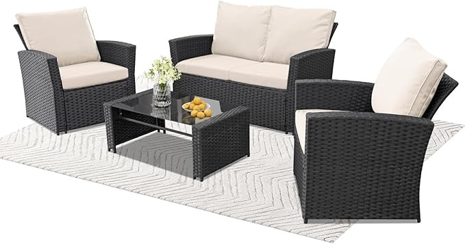 4 Piece Outdoor Patio Furniture Set,Wicker Conversation Sets Outdoor Sectional Patio Sofa Couch w... | Amazon (US)