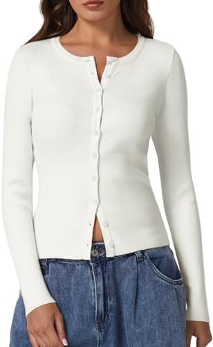 QINSEN Womens Long Sleeve Crewneck Cardigan Sweater Lightweight Button Down Knit Tops Outerwear | Amazon (US)