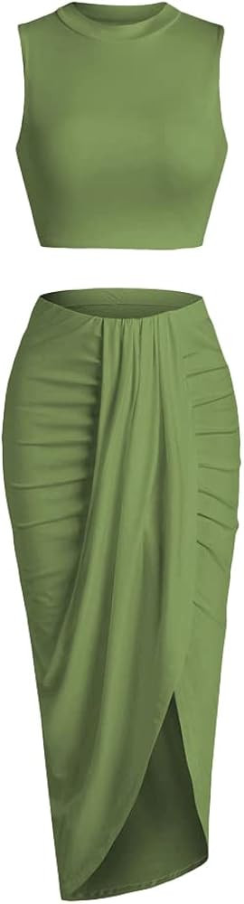 ZAFUL Women's Casual Sleeveless Summer Two Piece Outfits Crop Top and Side Split Draped Ruched Ma... | Amazon (US)