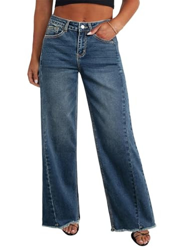 Eytino Womens Plus Size Jeans Stretchy High Waisted Casual Wide Leg Raw Hem Denim Pants with Pockets,3X Sail Blue | Amazon (US)