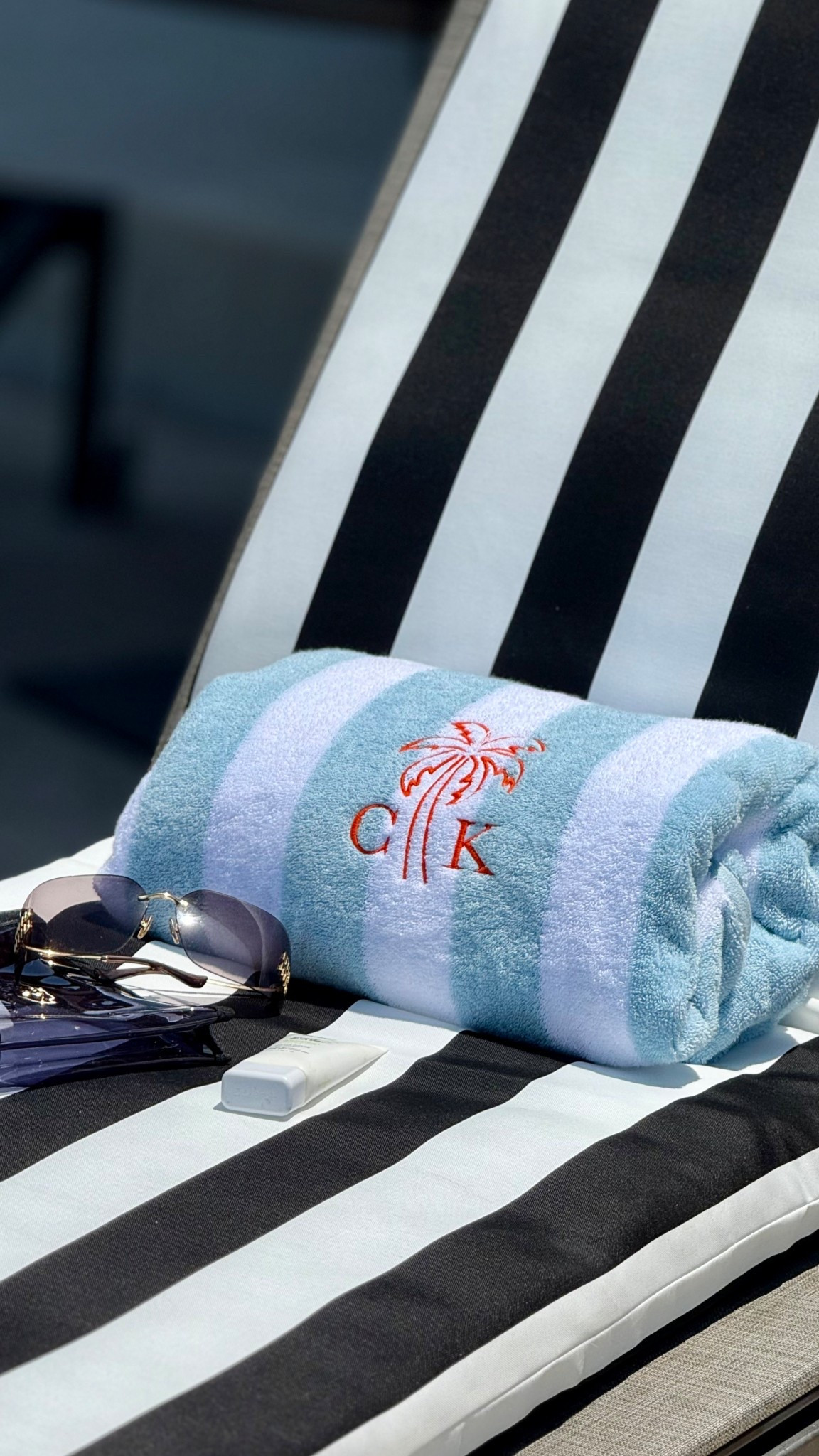 Pool weather!  Black & white awning chase lounge cushion and striped SLS towels 

#LTKTravel #LTKSeasonal #LTKSummerEdit