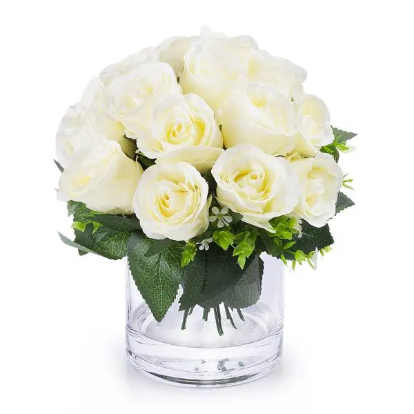 Enova Home Artificial Open Fake Silk Roses Flowers Arrangement in Clear Glass Vase with Faux Wate... | Bed Bath & Beyond