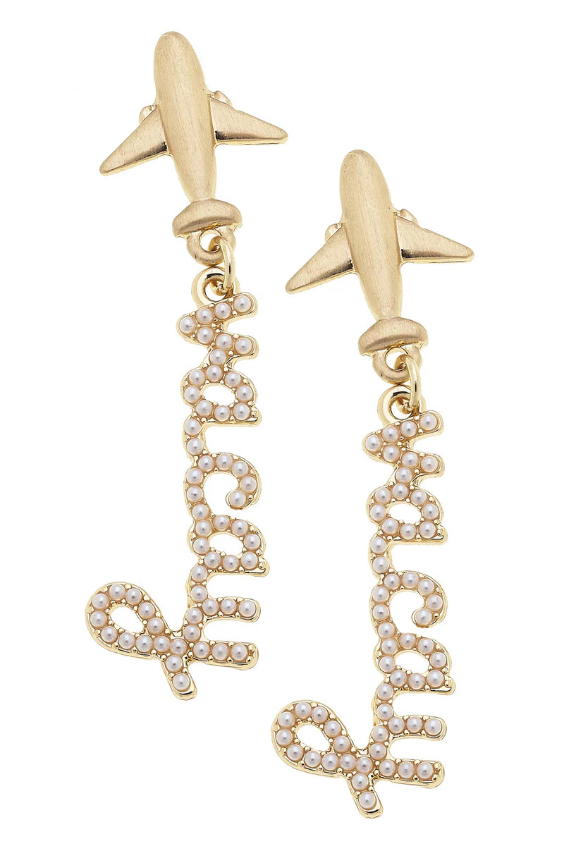 Jet Setter Pearl-Studded "Vacay" Earrings in Shiny Gold | CANVAS