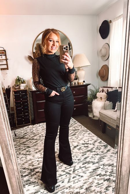 Cute sheer sleeve mock neck top from amazon! Size small 

All black bell bottom jeans in size 6 from red dress boutique 



#LTKstyletip #LTKFind #LTKunder50