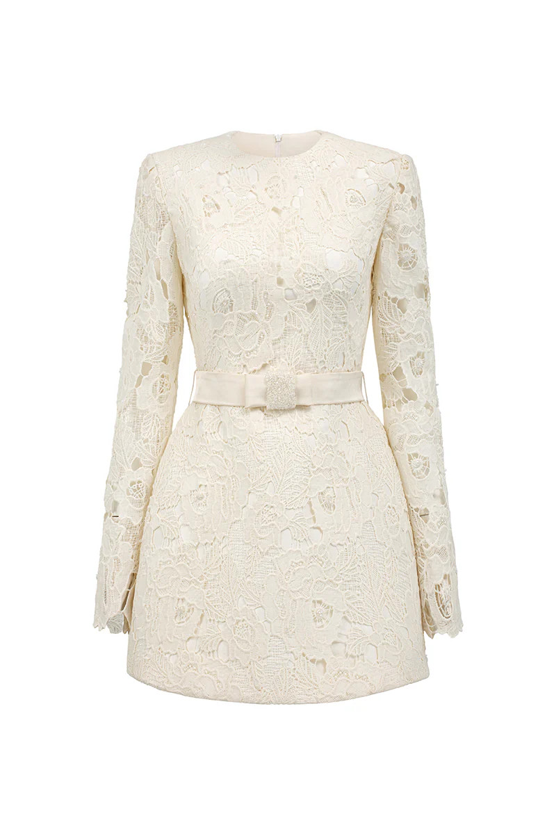 FLORAL LACE LONG SLEEVE MINI DRESS IN IVORY | I.H.F Studio | CULT MIA | CULT MIA UK LTD