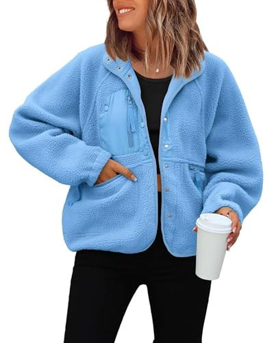 ReachMe Womens Fuzzy Fleece Jackets Button Down Sherpa Jacket Casual Long Sleeve Winter Coats Y2k Crop Outwear with Pockets(Light Blue,XS) | Amazon (US)