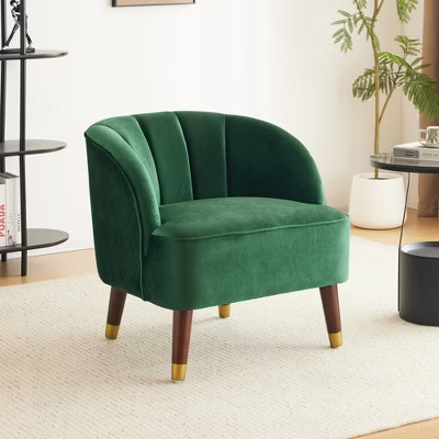 Velvet Upholstered Barrel Accent Chair with Curved Tufted Back, Square Arms and Rubberwood Legs | Target