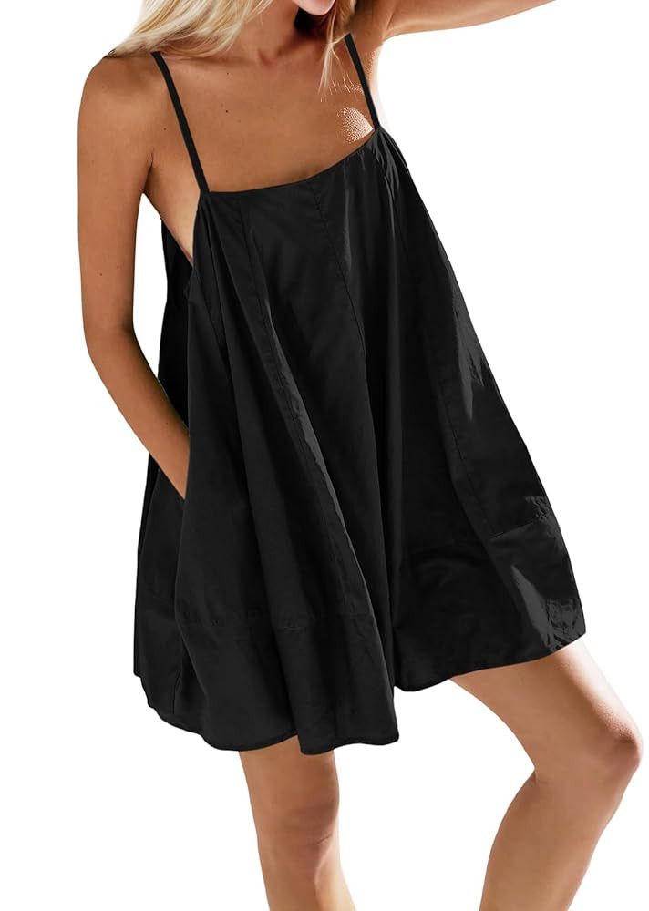 Fisoew Womens Oversized Spaghetti Strap Mini Dress Sleeveless Flowy Casual Summer Dresses | Amazon (US)