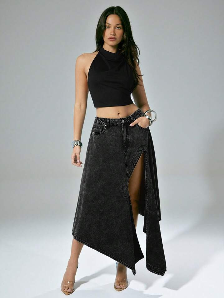 Denimoi Asymmetrical Slit Denim Skirt, Fashionable For Summer, Denim Midi Skirt, High Slit Skirt, Sexy Skirt | SHEIN