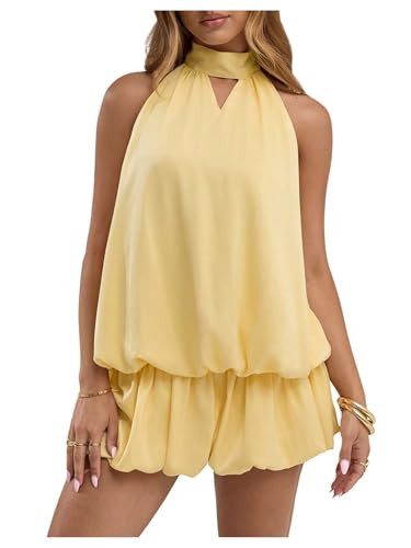 Verdusa Women's Cut Out Halter Satin Drop Waist Wedding Guest Dresses 2026 Mini Bubble Dress Butter Yellow X-Small | Amazon (US)