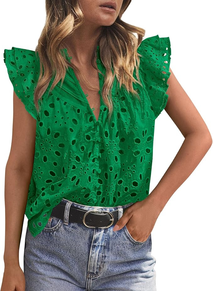 PRETTYGARDEN Womens Summer Tops 2026 Dressy Casual Ruffle Cap Sleeve Button V Neck Embroidered Ey... | Amazon (US)