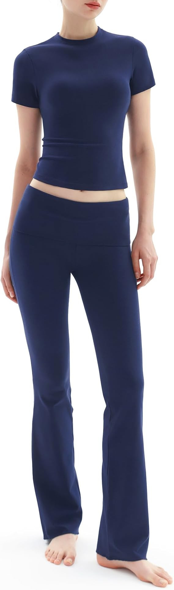 PUMIEY Women's 2 Piece Lounge Sets Short Sleeve Tops Fold-Over Flare Pants Casual Outfits Matchin... | Amazon (US)