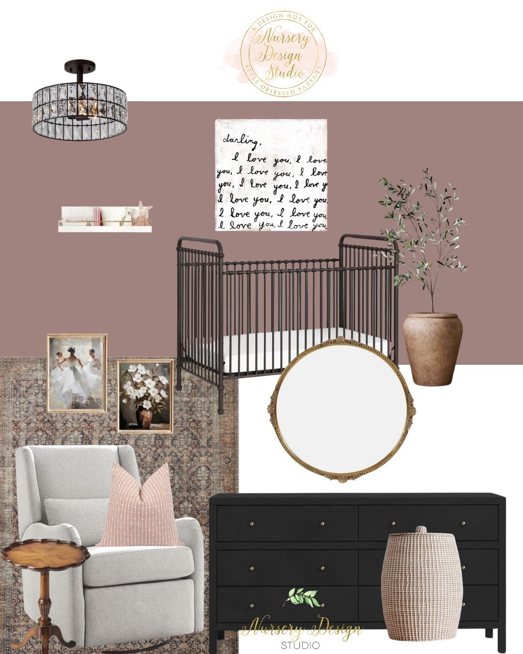 A romantic mauve nursery with a little edge—shop the black metal crib, matching dresser, vintage-inspired rug, glider, crystal light, antique-style mirror and warm textural accents that bring Maddie’s modern-vintage nursery together.

#LTKBaby #LTKBump #LTKKids