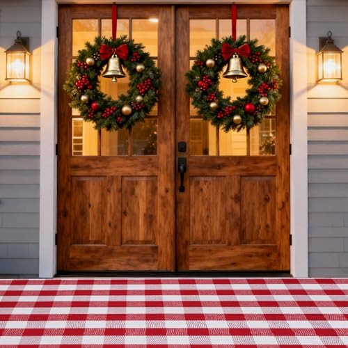 Christmas Red and White Plaid Rug 5 x 7 Ft, Hand-Woven Indoor/Outdoor Layered Cotton Blend Buffal... | Amazon (US)