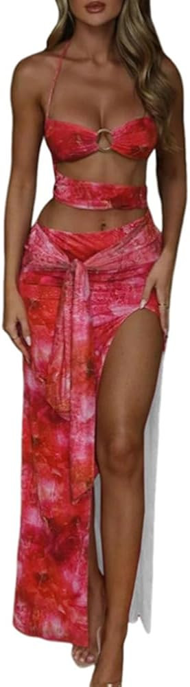 Women Y2K Halter Neck Maxi Dress Sexy Floral Backless Bodycon Long Dress Tie Up V Neck Low Cut Su... | Amazon (US)