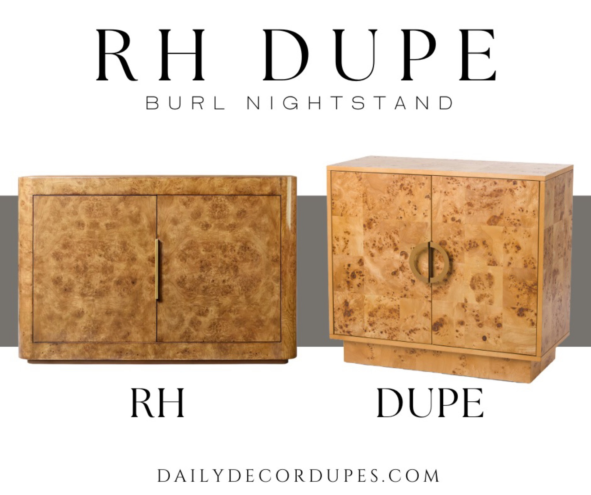 DUPE! Restoration hardware Burl nightstand dupe. 2 door burl cabinet with free shipping. BARDOT BURL PANEL DOUBLE-DOOR SIDEBOARD with caramel oak burl with brass hardware pulls. RH night stand table cabinet dupes. Dupe dupes more affordable option find replica copy cat similar look for less budget friendly affordable cheap cheaper beautiful pretty. Love dupes like these? I share multiple every day in my Facebook group “DAILY DECOR DUPES”#LTKFind

#LTKsalealert #LTKhome