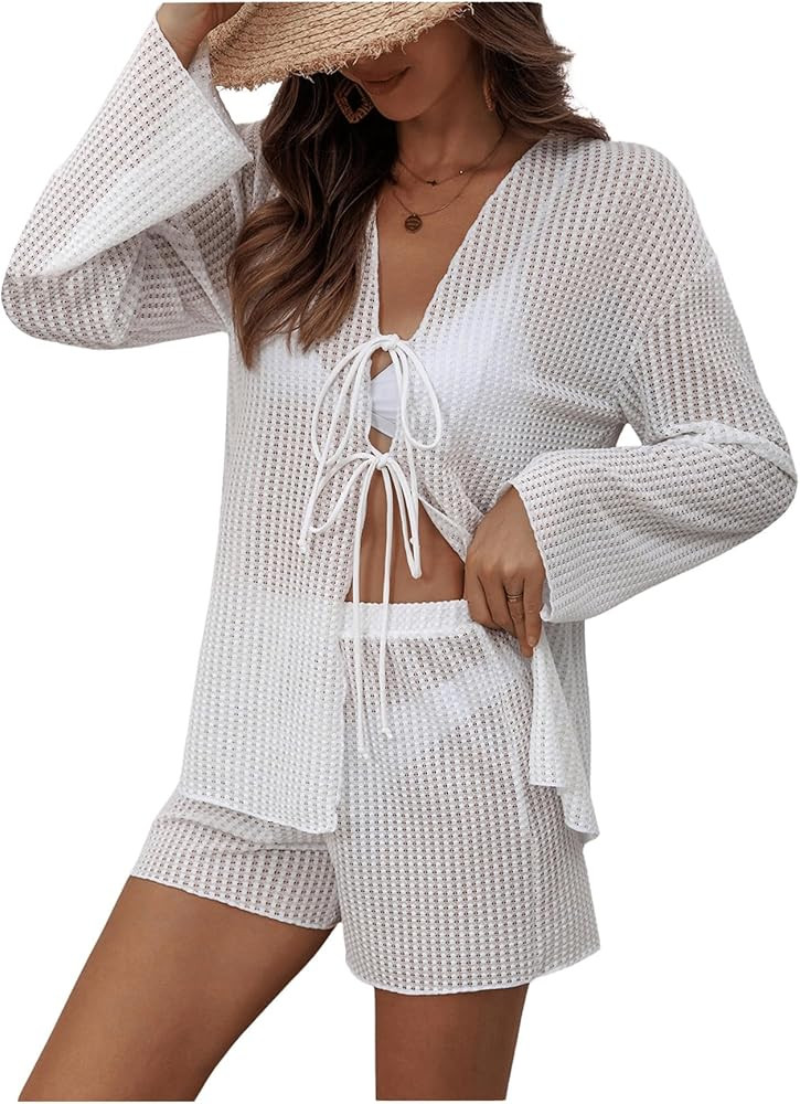 SHENHE Women's 2 Piece Swimsuit Cover Up Set Tie Front Long Sleeve Top and Shorts Beach Coverup S... | Amazon (US)