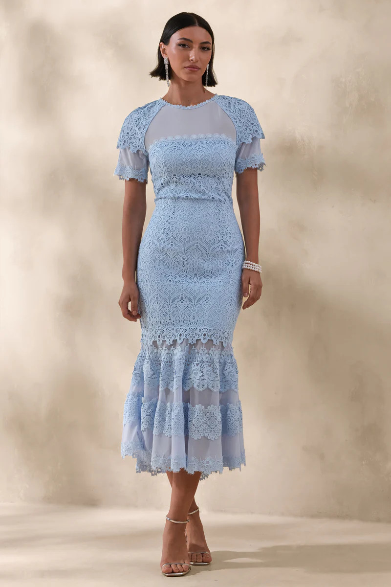 Leanne  Powder Blue Mesh And Lace Crew-Neck Fishtail Midi Dress | Club L London