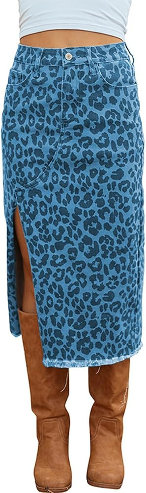 yoeasy Womens Casual Midi Denim Skirt Leopard Print High Waist Frayed Split Distressed Cheetah Je... | Amazon (US)