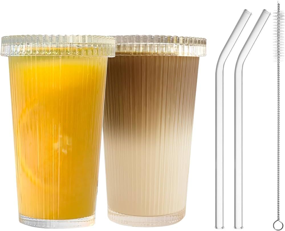 FEXIA Glass Cups with Lids and Straws Iced Coffee Cup Water Glass Tumbler With Lid and Straw Drin... | Amazon (US)