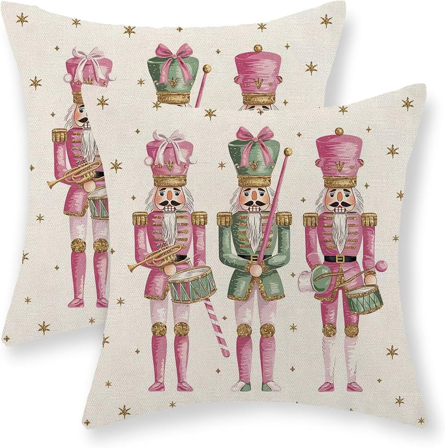 Christmas Pillow Covers 18x18 Inch 2 Pcs Pink Green Nutcracker Christmas Decor Throw Pillows Wint... | Amazon (US)