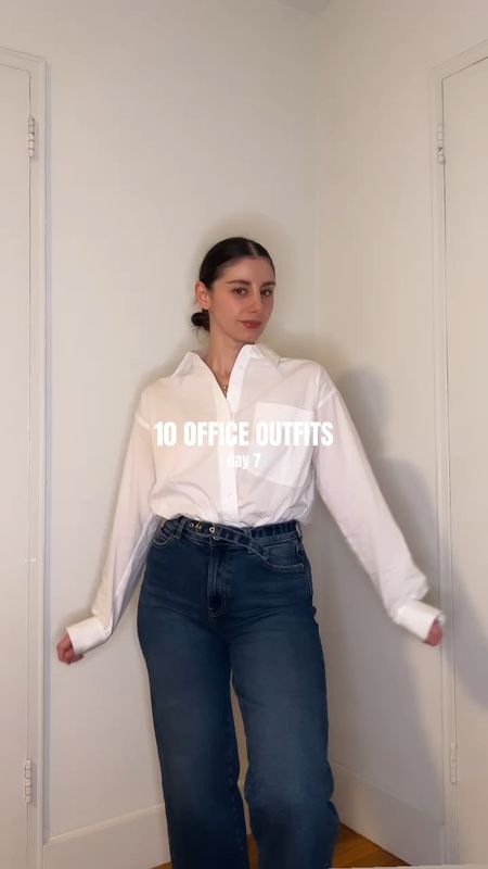 Belted jeans and white collared shirt with black bag and kitten heel shoes  

#LTKstyletip #LTKSeasonal #LTKworkwear