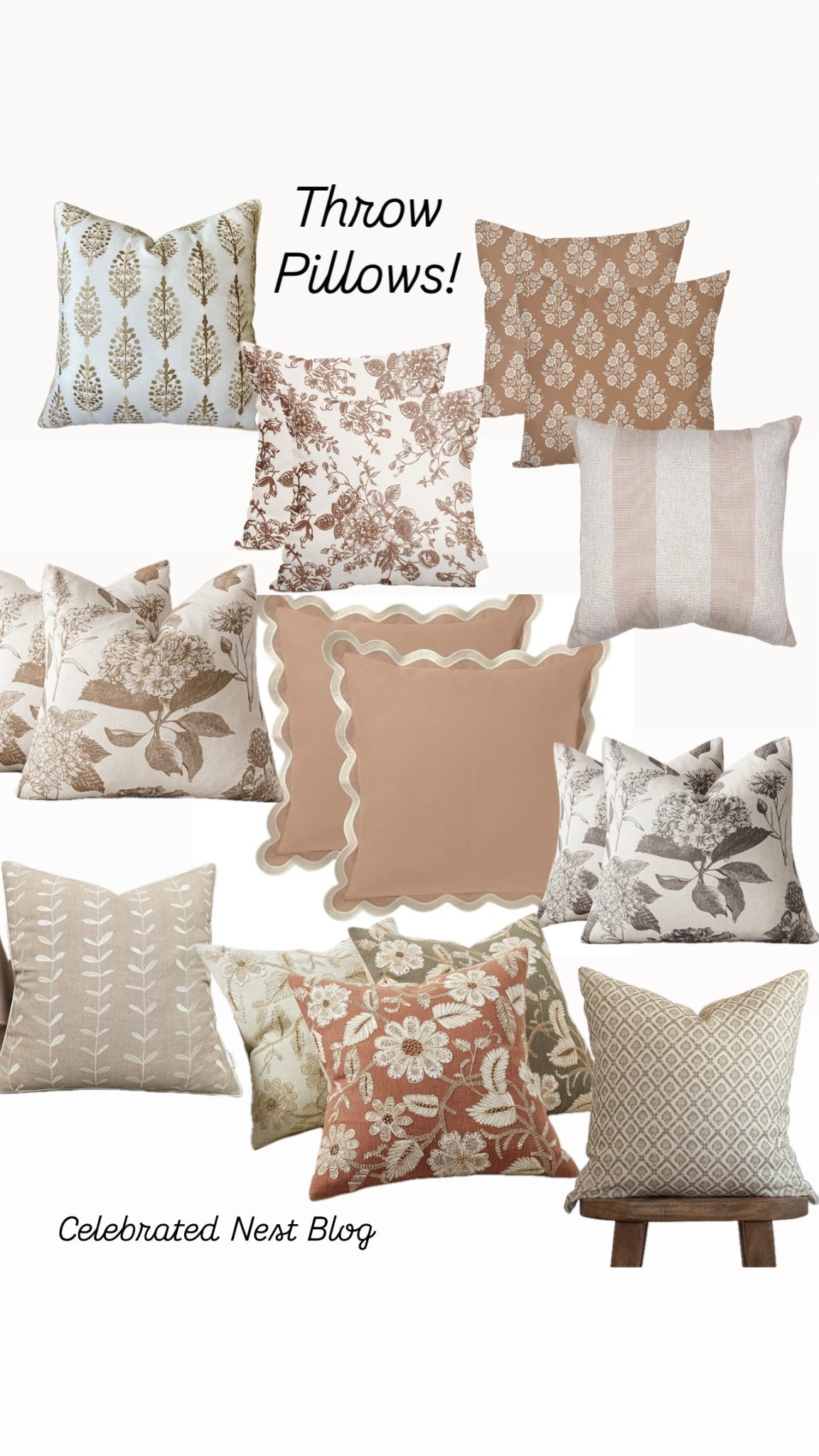 Neutral fall throw pillows! Change out your throw pillows with these beautiful fall options. #throwpillow #floralblock #scalloppillow #fallpillows #neutraldecor #livingroom 