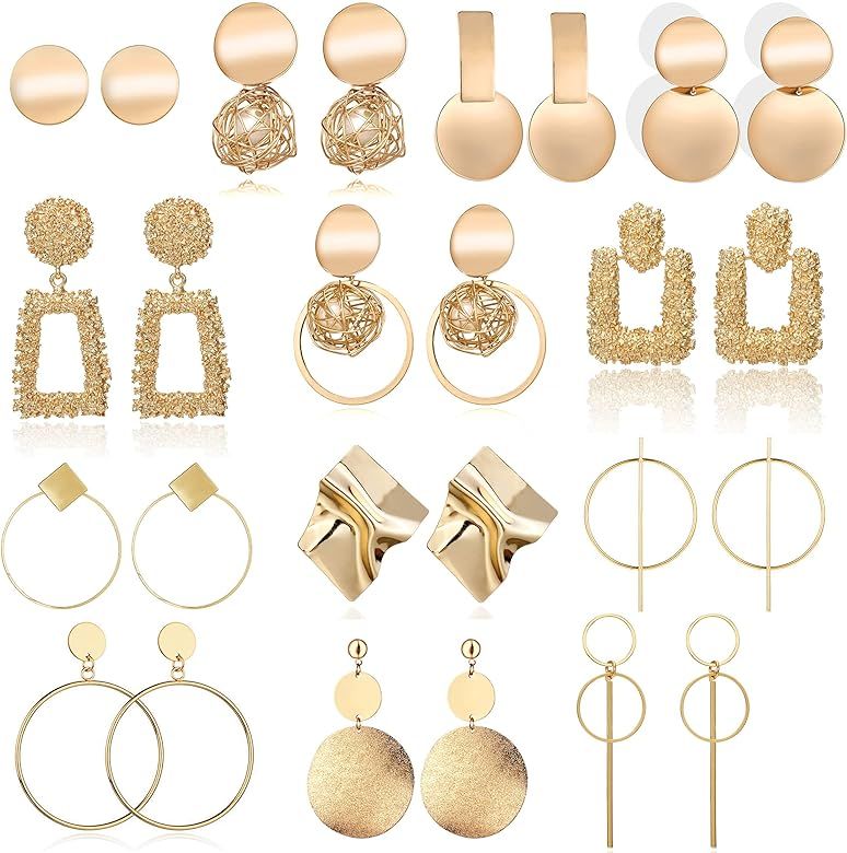 13 Pairs Statement Drop Dangle Earrings, Fashion Big Geometric Earrings for Women & Gold Stud Hoo... | Amazon (US)
